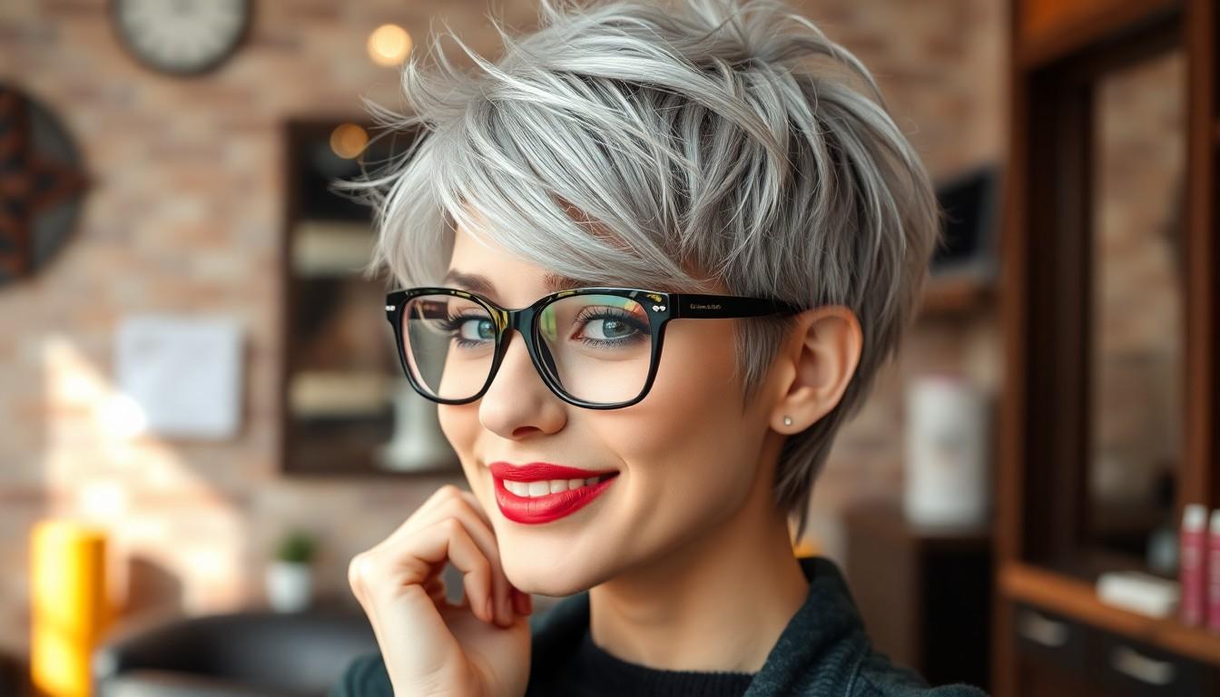 Edgy Short Hairstyles for Grey Hair and Glasses: Best Bold Looks to Rock Your Silver Style 16 Edgy Short Hairstyles for Grey Hair and Glasses: Best Bold Looks to Rock Your Silver Style 15