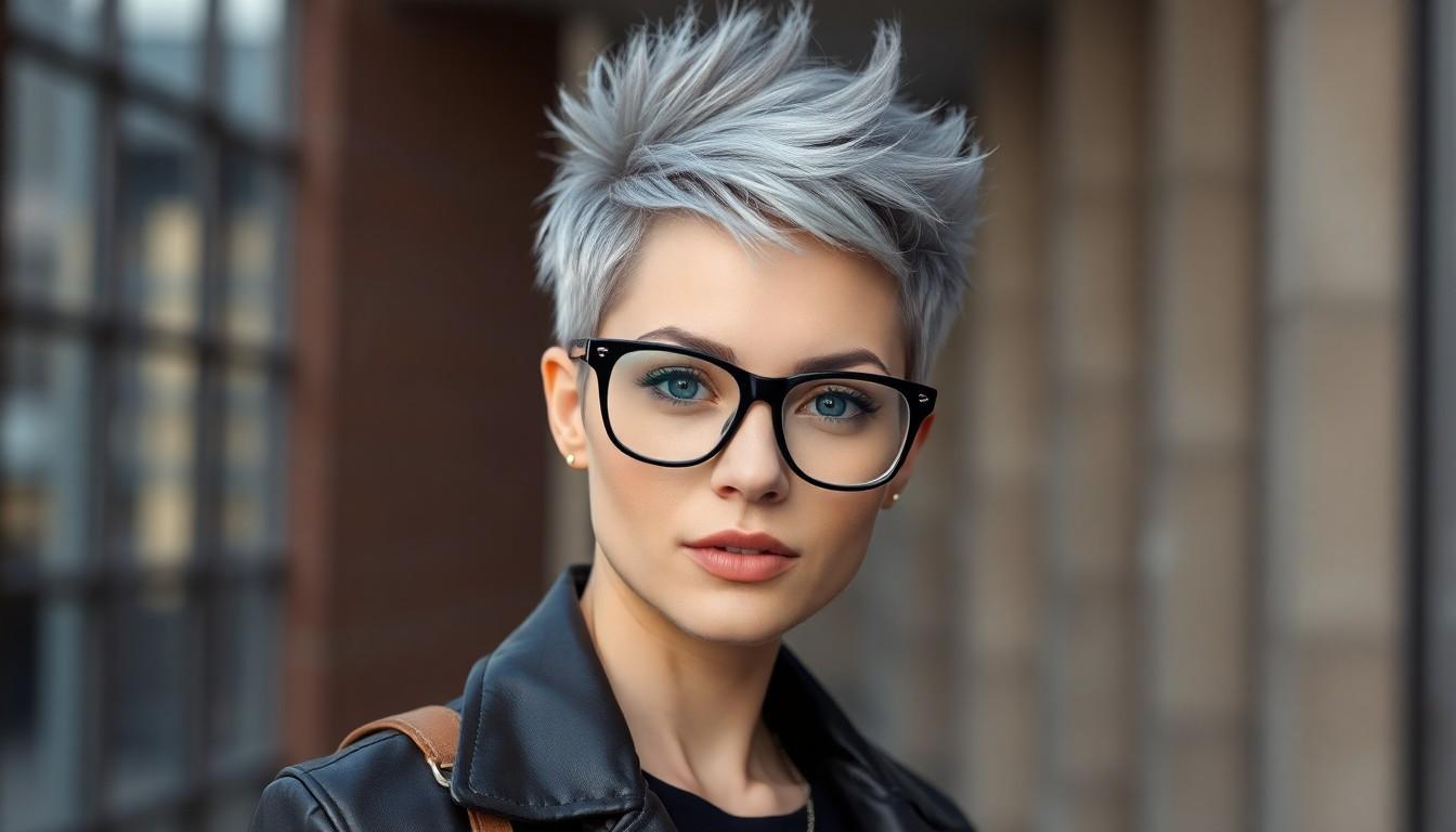 Edgy Short Hairstyles for Grey Hair and Glasses: Best Bold Looks to Rock Your Silver Style 12 Edgy Short Hairstyles for Grey Hair and Glasses: Best Bold Looks to Rock Your Silver Style 11